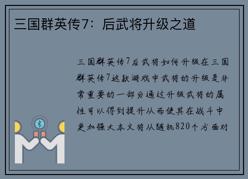 三国群英传7：后武将升级之道